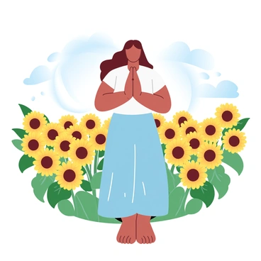 A person is standing in the "namaste" pose in the middle of a vibrant sunflower field. The sunflowers are tall and fully bloomed, their bright yellow petals catching the sunlight. The person is dressed in comfortable, flowing clothing that moves gently with the breeze. The person's arms are raised together in front of their chest, embodying a sense of calm and balance. Surrounding the person are countless sunflowers stretching towards the sky, creating a sea of yellow and green. In the background, a clear blue sky complements the vivid colors of the scene.