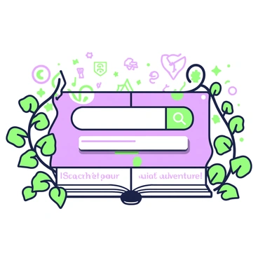 A search bar is positioned in the center of the image, resembling the pages of a magical storybook. The bar is framed with ornate designs, with the edges curling open as if turning the pages. Lush green vines intertwine around the corners of the search bar, enhancing its enchanting appearance. Above the bar, glowing symbols are scattered, hinting at various topics to explore. Below, lines of text are displayed, saying "Search for your adventure," inviting the viewer to engage with the search function. The overall composition conveys a sense of wonder and curiosity.