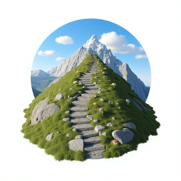 A winding path made of stone, twisting and turning as it ascends a steep mountain. The mountain is rugged and covered with patches of green grass and scattered rocks. Along the path, there are small wildflowers in various colors peeking through the cracks in the stones. In the background, the sky is bright blue with a few fluffy white clouds. The top of the mountain is partially obscured by mist, symbolizing the unknown that comes with maturity. The scene conveys a sense of growth and progress as one journeys upward.