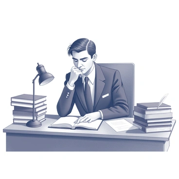 A portrait of "Atticus Finch" seated at a wooden desk. He has a thoughtful expression as he looks down, with one hand resting on an open law book in front of him. Surrounding him are various stacks of law books, some slightly askew, emphasizing the busy atmosphere of a lawyer's office. The desk is cluttered with papers and a quill pen, reflecting a moment of deep concentration in his work. A classic lamp sits on the desk, casting soft light over the scene.