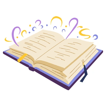 An ancient book with a weathered leather cover and gold embossed symbols is floating in mid-air. The book is open, revealing pages filled with intricate writings and illustrations. Surrounding the book, vibrant swirling magical energy is depicted in shades of blue, purple, and gold. The energy forms spirals and wisps as it moves gracefully around the book, creating a mystical atmosphere.