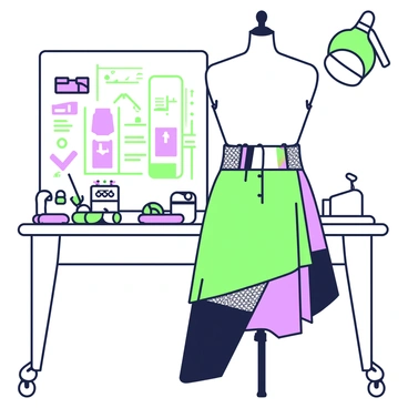 A striking skirt is displayed on a mannequin in a fashion studio. The skirt features an asymmetrical cut, showcasing layers made of unconventional materials such as metal mesh and thick rubber. The texture contrasts with soft fabric elements that resemble clothing materials, creating a unique fusion. The waistband is crafted from sturdy components that echo industrial design. Surrounding the skirt, there are various sketches and tools scattered across a worktable, emphasizing the creative process of fashion design. Bright studio lights enhance the details of the skirt, highlighting the intricate craftsmanship.