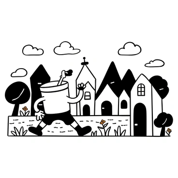 A character resembling a cup with a straw, wearing gloves and shorts, is walking through a miniature village. The village features tiny, intricate houses with unique architectural designs, surrounded by small cobblestone streets. Each house has distinct details such as tiny windows, doors, and decorative elements. Lush miniature trees and colorful flowers line the streets, adding to the vibrant environment. The character is interacting with the village, examining a small flower growing in the crack of the cobblestone. Small clouds can be seen in the sky above, emphasizing the scale of the scene.