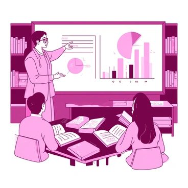 A pink instructor stands in front of a whiteboard filled with colorful graphs and charts. The instructor, wearing glasses and a casual outfit, is pointing at a pie chart that illustrates budgeting categories. In front of the instructor, there are several students sitting at desks, attentively looking at the whiteboard. Each student has a notebook open, showing notes and doodles related to budgeting. The classroom is well-lit, with bookshelves filled with finance-related books in the background.