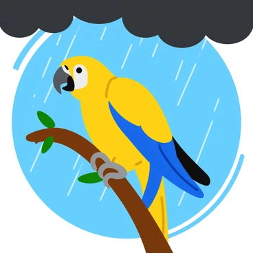 A resilient macaw clinging to a branch during a tropical storm