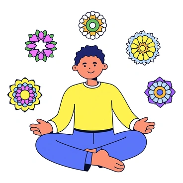 A close-up of a person sitting in a lotus position with their hands resting on their knees. The person has a calm expression and is wearing a simple, comfortable outfit. Surrounding them are various colorful mandalas, each featuring intricate patterns and vibrant hues. The mandalas are arranged in a circular formation around the person, creating a sense of harmony and balance. The background is minimalistic to emphasize the figure and the mandalas.