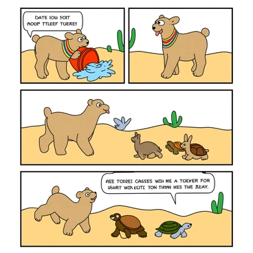 A playful comic strip featuring a mischievous chameau with a light brown body and large, expressive eyes. The chameau is depicted standing on two legs, wearing a colorful striped scarf around its neck. In the first panel, the chameau is playfully tipping over a small red bucket filled with water, splashing it everywhere. In the second panel, it is sticking its tongue out while a surprised little bird flutters by. The third panel shows the chameau chasing after a group of giggling animals, including a rabbit and a tortoise, as they run away. The background features simple cartoonish desert scenery with cacti and rolling sand dunes. Each panel has a speech bubble with the chameau saying something playful.