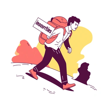 A figure is walking uphill on a dirt path, with visible effort in their stance. The figure is wearing a heavy backpack that has a clear label reading "insecurities" in bold letters. The backpack appears bulky and worn, symbolizing the weight of self-criticism. The setting has an uphill slope, suggesting a challenging journey, and the background features a gradient of two contrasting colors that evoke the struggle of overcoming personal challenges. The figure's expression is determined, reflecting the effort put into the ascent.