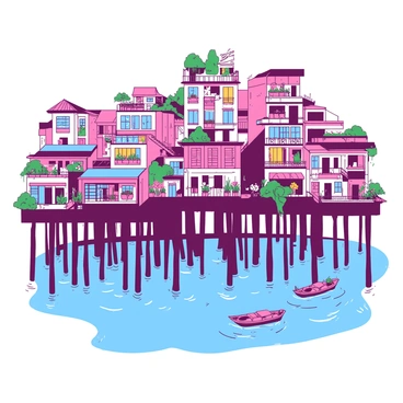 A vibrant city built on tall stilts stands above a flowing river. The stilts are painted in a contrasting color, providing a stark visual against the gentle ripples of the water below. Several buildings, varying in size and design, rise from the stilts, showcasing large windows that reflect the sunlight. An array of balconies adorns the buildings, with colorful flower pots spilling over with greenery. Below, the river flows smoothly, with small boats gently gliding through the water. The scene is bustling with activity, as people move between the structures, enjoying the unique atmosphere of the stilted city.