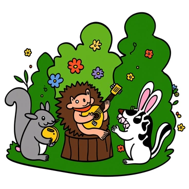 A hedgehog with brown spines and small, bright eyes is sitting on a small wooden stump playing a tiny guitar. The hedgehog is wearing a red bandana around its neck. Surrounding the hedgehog, a squirrel with fluffy gray fur and big eyes is playing a small tambourine, while a rabbit with soft white fur and long ears is clapping along. A cheerful chipmunk with striped fur is tapping its foot to the music. They are all in a lush green forest, with colorful wildflowers scattered around them and dappled sunlight filtering through the trees.