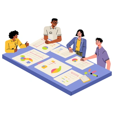 A diverse team of researchers is gathered around a large rectangular table. The team includes a Black woman with curly hair, a South Asian man wearing glasses, a Hispanic woman with straight hair, and a Caucasian man with short hair. They are actively discussing their findings while examining various PMAT data sheets spread across the table. Each data sheet features colorful charts and graphs. There are pens, highlighters, and a laptop with an open document on the table, indicating the collaborative effort. The expression on their faces shows focus and determination as they share ideas and insights.