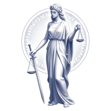 A monochrome drawing of Themis, the Greek goddess of justice. She stands upright, holding a scale in her right hand, symbolizing balance, while her left arm is extended holding a sword, representing authority. Her eyes are blindfolded, signifying impartiality. The figure is adorned with a flowing robe that drapes elegantly around her form. The background features intricate patterns that enhance her iconic silhouette, creating a striking composition.