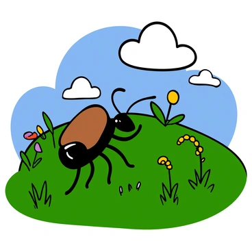 An industrious ant with a shiny black body and six legs is busy gathering small grains in a vibrant sunlit field. The field is dotted with green grass and colorful wildflowers in shades of yellow, purple, and red. The sun is shining brightly, casting soft shadows on the ground, and a few fluffy white clouds can be seen in the blue sky above. The ant is carrying a grain that is slightly larger than its head, showcasing its strength and determination as it navigates through the lush landscape.
