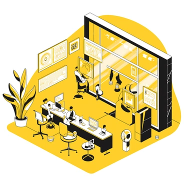A high-tech cybersecurity headquarters featuring a sleek, modern building design with large glass windows. Inside, numerous glowing digital interfaces display data and security metrics on screens mounted on the walls. The room is filled with computers and advanced technology, with several experts in business attire sitting at their workstations, focused on their tasks. Subtle light sources from the interfaces illuminate the space, casting soft reflections on the surfaces. Various cybersecurity tools and equipment are neatly arranged around the room, emphasizing a sense of organization and efficiency.