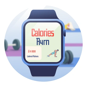 A close-up of a fitness tracker is shown prominently in the foreground. The tracker has a sleek black band and a rectangular display that shows "Calories Burned" in bold numbers. Below this, there is a small graphic indicating the lateral raises workout, featuring an outline of a person performing the exercise. The background is slightly blurred, hinting at a gym environment, with weights and exercise mats in soft focus. The lighting highlights the screen of the tracker, making the display easily readable.