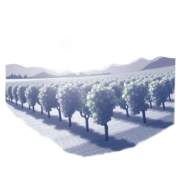 A landscape filled with rows of grapevines. The vines are abundant with clusters of grapes, hanging heavily from the green leaves. The sun shines brightly overhead, illuminating the scene under a clear sky. The horizon showcases rolling hills in the background, complementing the lushness of the vineyard. The ground is rich and textured, further enhancing the visual detail of the vineyard's environment.