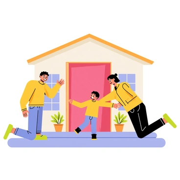A family standing at the front door of their home, all smiling and embracing each other. The parents are kneeling down to greet two children, a boy and a girl, who are running towards them with joy. The home has a warm, welcoming appearance with a red front door and potted plants on either side. The children are reaching out with their arms wide open, while the parents have expressions of happiness and excitement. The scene conveys a moment of love and reunion.