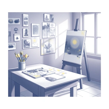 An artist's creative workspace is filled with various sketches scattered across a wooden table. Several paintbrushes of different sizes are positioned in a jar, each brush showing signs of wear from frequent use. The walls are adorned with numerous colorful illustrations, each pinned up with care. A large easel stands in one corner, holding a canvas that is partially completed. The floor is covered with paint splatters, showcasing the artist's active process. Sunlight streams in through a nearby window, illuminating the space with a natural glow.