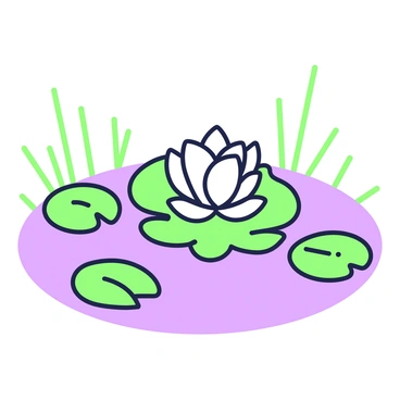 A single gardenia flower is floating on the surface of a pond. The flower is white, with delicate, velvety petals that open wide. Surrounding the flower are several lily pads, each with a round shape and smooth edges. The pond surface is still, reflecting the gardenia and the pads. The scene is framed by subtle hints of vegetation at the pond's edge, including slender green stems and a few leaves peeking through.