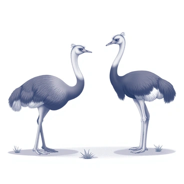 Two large birds are positioned in a grassy landscape. An emu stands on the left, its long neck stretching upward and its soft feathers slightly ruffled by a gentle breeze. It gazes curiously at the ostrich on the right, which has its tall stature accentuated by its slender legs. The ostrich, with its distinctive plumage, leans slightly forward, appearing to engage in a friendly interaction. The setting features sparse vegetation, with a few scattered tufts of grass in the foreground, creating a natural environment for this encounter.