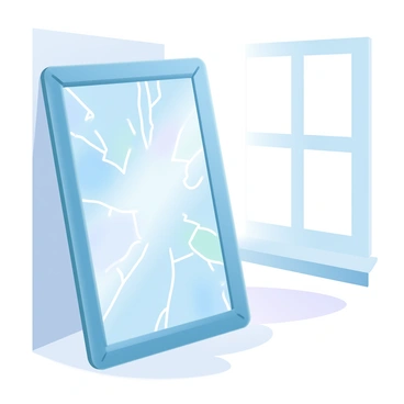 A cracked mirror is leaning against a wall, with multiple fissures radiating across its surface. Each crack reflects fragmented images of the surrounding room, creating an abstract pattern of distorted shapes and colors. The mirror is framed in an ornate style, but the cracks disrupt its elegance. Sunlight is filtering through the window nearby, casting soft shadows across the mirror and highlighting the uneven textures of the cracks.