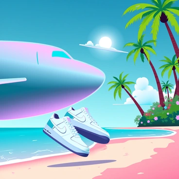 A pair of Air Force 1 sneakers with a sleek white design is stepping off a metallic plane onto a vibrant tropical island. The plane has a shiny fuselage, reflecting the bright sun overhead. The sandy beach is dotted with lush green palm trees and colorful flowers. In the background, crystal-clear turquoise waters gently lap at the shore, while a few fluffy white clouds drift across a bright blue sky. The scene captures a sense of adventure and paradise as the sneakers make contact with the warm sand.