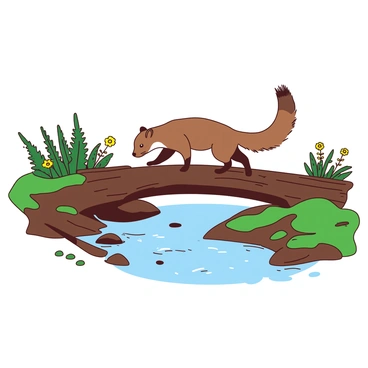 A brown pine marten is gracefully crossing a long, fallen log that serves as a bridge over a small, clear creek. The log is situated between two vibrant banks covered in lush green moss. The creek flows gently beneath, with small ripples reflecting the light. The pine marten has its tail held high and its ears perked up, showcasing its alertness as it moves carefully along the log. Surrounding the scene, there are clusters of ferns and wildflowers in rich shades of green and yellow.