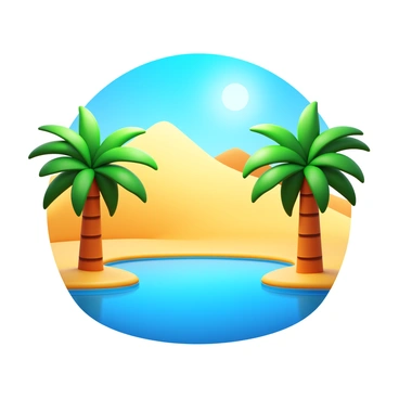 A tranquil desert oasis with lush green palm trees surrounding a clear blue pool of water. The water reflects the bright blue sky above, creating a serene atmosphere. Soft sand dunes gently rise in the background, providing contrast to the vibrant greenery of the palms. Sunlight glistens on the surface of the water, enhancing the inviting appearance of the oasis.