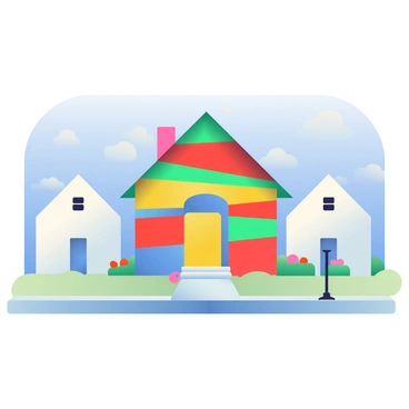 A house painted with vibrant, colorful stripes stands out prominently among a row of plain white houses in a neighborhood. The stripes are in various shades including red, blue, green, and yellow, wrapping around the house. Surrounding the striped house are several uniform white houses with clean lines and no decorations. In front of the striped house, a small green lawn is visible, dotted with a few flower beds featuring bright blooms. The sky above is clear and blue, enhancing the colorful appearance of the house. A sidewalk runs along the row of houses, connecting them to the street.