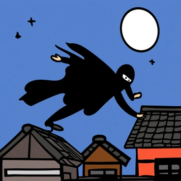 A shadowy ninja with dark clothing and a mask is leaping between rooftops under a bright full moon. The ninja has a sleek and agile build, with flowing fabric that billows slightly as they move. The rooftops are a mix of traditional Japanese architecture, with tiled rooftops and wooden beams. The night sky is deep blue, dotted with a few twinkling stars, and the full moon casts a silvery glow on the scene, creating dramatic shadows on the rooftops. The atmosphere conveys a sense of stealth and agility, as the ninja moves gracefully through the night.