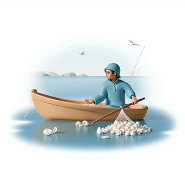 A fisherman, wearing a blue rain jacket and a matching hat, is sitting in a small wooden boat. He has a focused expression as he pulls up a heavy net filled with clams, glistening in the sunlight. The water around the boat is calm, reflecting the clear blue sky. The boat is surrounded by a few floating clamshells, and a fishing rod rests against the side of the boat. In the background, there are distant shores and a few seagulls flying overhead.