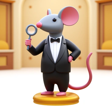 A sophisticated mouse wearing a black tuxedo. The mouse is holding a monocle in one paw, gazing thoughtfully. Its fur is a smooth gray, and it has a small, elegant bow tie. The setting is a plush, opulent room with subtle patterns on the walls, adding to the air of sophistication. The mouse stands confidently on a small pedestal, showcasing its attire.