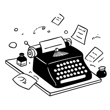 An old typewriter with intricate details is positioned prominently, with a crisp sheet of paper inserted into the feed. Scattered letters of various sizes and shapes are strewn around the typewriter, some partially opened and revealing hand-written notes. The background features a wooden desk with a slightly worn surface, adding to the vintage atmosphere. A few ink bottles and an ink pen are placed nearby, suggesting a writer's workspace.