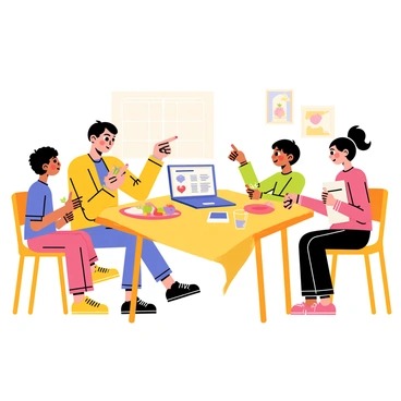 A family discussing their health and monkeypox precautions at the dinner table, with an open laptop.