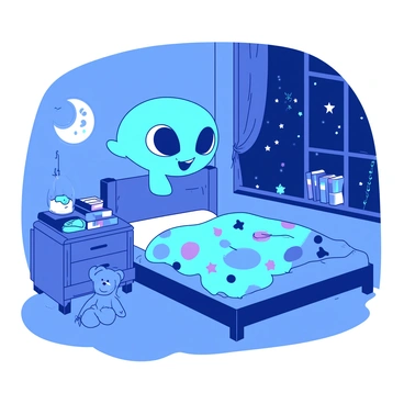 A blue alien with large expressive eyes is hovering just above the bed in a child's bedroom at night. The bed is covered with a colorful blanket featuring stars and planets. There is a small green alien peeking out from behind a nightstand filled with books and toys. The room is dimly lit by a glowing moon-shaped nightlight on the wall, casting soft shadows. A window shows a night sky filled with twinkling stars, while a teddy bear sits on the floor, observing the playful interaction. The aliens appear curious and joyful as they explore the enchanting environment of the child's room.