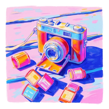 A vintage camera is positioned on an old wooden table. The camera features intricate detailing, with a leather exterior and shiny metal parts. Beside the camera, several film rolls in various colors and labels are scattered across the table. The wood of the table exhibits a weathered texture, showcasing signs of age and use. Soft shadows are cast by the camera and film rolls, enhancing the depth of the scene.