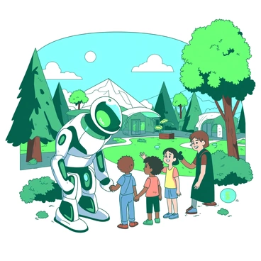A friendly robot with emerald accents and a smooth metallic surface stands in a futuristic park filled with vibrant greenery and sleek, modern structures. The robot is bending down slightly, engaging with a group of children who are smiling and reaching out to touch its hand. The children are diverse in appearance, wearing colorful futuristic clothing. In the background, there are trees with shimmering leaves and pathways made of glowing materials that lead to various play areas. The sky above is clear and sunny, casting a bright light on the scene.