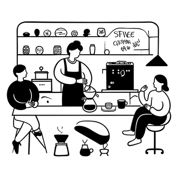 A barista with an apron pouring hot water from a kettle over coffee grounds in a v60 dripper. The brewing process is taking place on a wooden counter, with a glass carafe placed below the dripper to catch the brewed coffee. Surrounding the barista are various coffee beans displayed in glass jars and an espresso machine in the background. Customers can be seen enjoying their drinks at tables, creating a lively atmosphere in the coffee shop. "V60 Brewing Technique" is written on a chalkboard behind the barista.