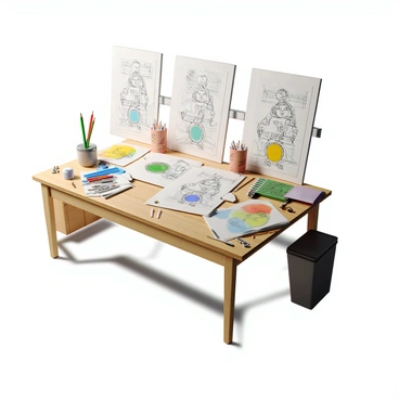 A workspace scene featuring a large drawing table cluttered with various art supplies such as pencils, erasers, and sketchbooks. On the table, there are three distinct stages of an illustration displayed side by side. The first stage shows a rough sketch with bold, loose lines and basic shapes. The second stage is a refined sketch with more detail and cleaner lines, showcasing the development of the character. The third stage presents a polished, colored piece with vibrant hues and intricate details. A light source casts soft shadows across the table, enhancing the textures of the materials.