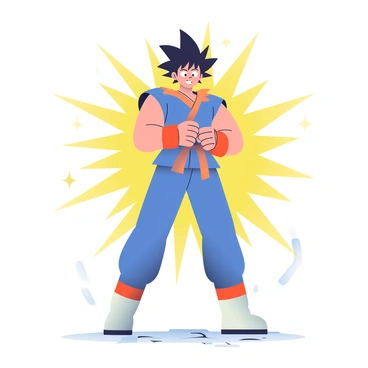 A character with spiky black hair and wearing a blue and orange martial arts uniform is standing in a strong stance, with his muscles visibly tense. He has a determined expression on his face, and his fists are clenched tightly. A vibrant golden aura is radiating around him, creating a halo effect. The ground beneath him is slightly cracked, indicating the intensity of his power. In the background, there are faint flashes of light that emphasize the energy he is expelling.