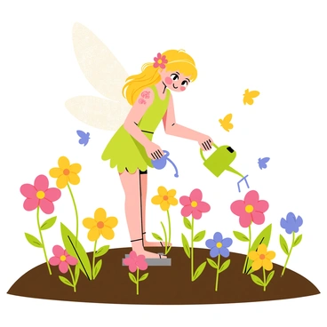 A small flower fairy with translucent wings is gently watering colorful plants using a tiny watering can. The fairy has bright, flowing hair adorned with delicate petals. She is surrounded by a vibrant flower patch featuring blooms in various shades of pink, yellow, and blue. The sunlight filters through the leaves, creating a cheerful atmosphere over the garden scene. There are butterflies fluttering around the flowers, and the soil is rich and dark, showing signs of recent care.