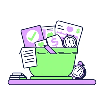 A basket is placed on a wooden table, filled with various icons that represent different product advantages. The icons include a check mark symbolizing quality assurance, a dollar sign representing cost-effectiveness, a clock indicating time-saving efficiency, and a heart for customer satisfaction. Each icon is distinct and colorful, with a clear design. The basket itself is woven, showcasing the texture of the material. Surrounding the basket, there are a few loose product brochures and small promotional flyers displaying more advantages.