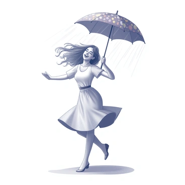 A woman twirling joyfully in the rain. She has long hair that is damp from the rain and flows around her as she spins. She is holding an umbrella with a pattern of bold and vibrant colors above her head. Raindrops are visible falling around her, creating a sense of movement and energy in the scene. Her clothing is light and flows with her motion, adding to the feeling of freedom and delight. The ground is wet, reflecting the light and contributing to the playful atmosphere.