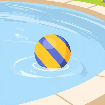 A water polo ball with bold yellow and blue stripes is floating on the surface of a clear blue pool. The sunlight creates glimmering reflections on the water, highlighting the ripples around the ball. The edges of the pool are lined with smooth, light-colored tiles, and a few colorful pool toys are scattered along the edge, adding to the vibrant atmosphere.