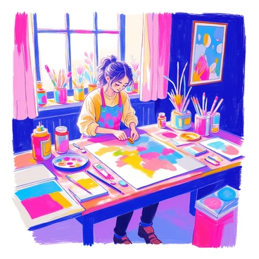 An artist is seated at a large wooden table cluttered with various materials. The table features sheets of colorful paper, swatches of vibrant fabric, and paint tubes in assorted colors. The artist, wearing a paint-splattered apron, is carefully gluing a piece of fabric onto a paper canvas. Nearby, a palette holds a mixture of paint, and a brush rests beside it. Scattered around the table are sketches and finished illustrations showcasing the artist's creative process. Natural light pours in from a nearby window, illuminating the workspace.