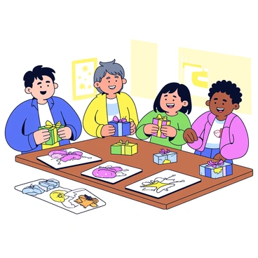 A family gathered around a wooden table. Each family member has a bright smile as they excitedly open colorful gift boxes. Some gift boxes are decorated with vibrant ribbons and wrapping paper. On the table, there are several mimimoo illustration prints laid out, featuring playful and whimsical designs. The background shows a cozy room with warm lighting, enhancing the atmosphere of joy and celebration.