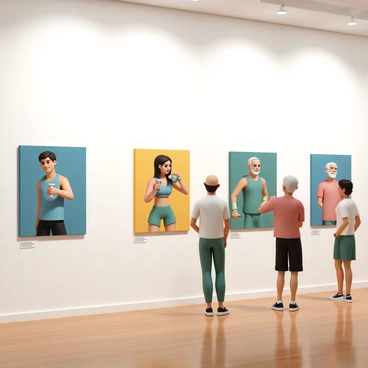 An art gallery with white walls and polished wooden floors. The gallery is filled with various paintings depicting people performing "hammer curls." Each painting shows different individuals, including a man with short brown hair wearing a blue tank top and black shorts, showcasing his bicep as he lifts a dumbbell. Another painting features a woman with long black hair in a green workout outfit, concentrating on her form while doing hammer curls. A third painting shows an older man with a white beard in a red t-shirt, demonstrating perfect posture with a smile on his face. The lighting is bright, highlighting the colors of each painting and creating a vibrant atmosphere. Visitors are seen admiring the artwork, some stopping to read the descriptions below each piece.