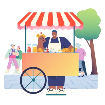 A street vendor with light brown skin is standing behind a wooden cart filled with freshly made Belgian waffles. The cart has a bright red and white striped canopy for shade, and various toppings like syrup, whipped cream, and strawberries are displayed on the front. The vendor is wearing a white apron over a navy blue shirt and is smiling while holding a golden-brown waffle with a dollop of whipped cream on top. In the background, there are passerby people walking on a cobblestone street, and a tree with green leaves is seen to the side, providing some greenery to the scene.