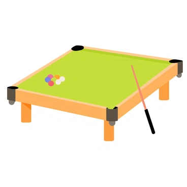 A billiards table with a smooth green felt surface, featuring a rectangular shape. The green felt is evenly stretched across the table, creating a seamless texture. The table has rounded corners and is supported by sturdy wooden legs. Surrounding the table are a few colored billiard balls resting in a triangle formation. A cue stick is placed on the side of the table, ready for the next shot.