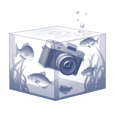 A camera is submerged in clear water, positioned at an angle to capture the underwater environment. The lens is focused on a variety of fish swimming gracefully around it. The fish display different shapes and sizes, with some darting quickly in and out of view. The background features soft ripples and shadows created by underwater plants, adding depth to the scene. Bubbles rise to the surface, creating a dynamic aspect to the tranquil underwater setting.